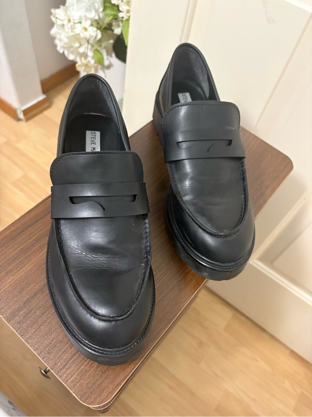 Steve Madden Black Leather Penny Loafers